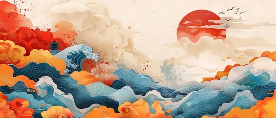 Colorful abstract background with Japanese wave style 