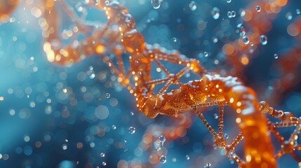 Beautiful orange DNA double helix spiral with light bokeh and bubbles, gracefully floating on a blue backdrop