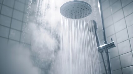 High pressure showerhead close up  captivating spray in a bright, steamy bathroom setting