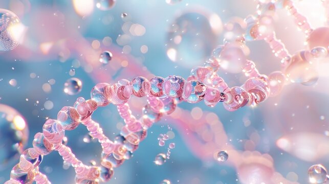 Beautiful orange DNA double helix spiral with light bokeh and bubbles, gracefully floating on a blue backdrop