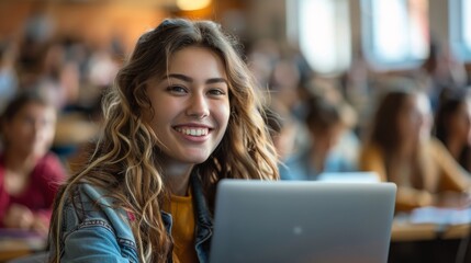Fototapeta premium Beautiful young woman in a university lecture, happily engaged with her laptop, symbolizing academic success