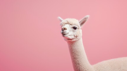 Captivating close-up of an alpaca against a soft pink background, showcasing its charming demeanor and unique features.