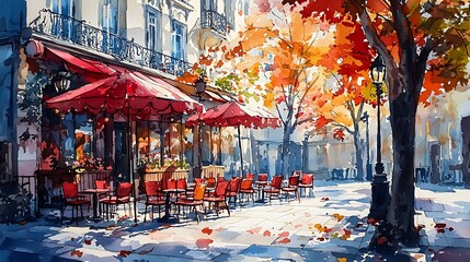 Naklejka premium A watercolor illustration depicts a charming Parisian caf? framed by autumn trees.