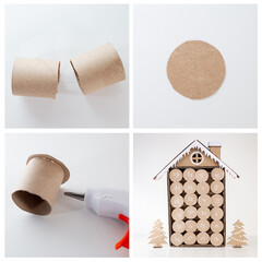Step by step instruction on how to make advent calendar with numbered compartments in house shape, using recycle toilet paper tubes, simple craft for kids, process art, DIY, tutorials,