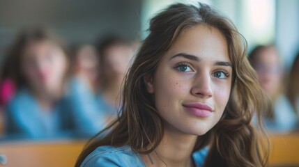 Fototapeta premium Beautiful young woman in a university lecture, happily engaged with her laptop, symbolizing academic success