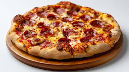 Cheesy pizza with pepperoni and a crispy crust, elegantly presented on a wooden plate isolated on a clean white backdrop