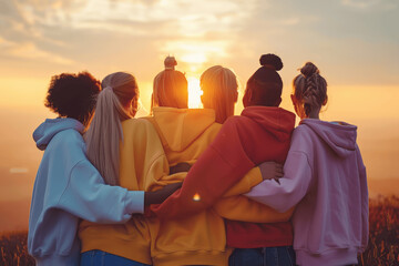 diverse friends hugging at sunset wearing colorful hoodies symbolizing youth community and support