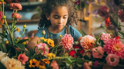 Child prodigy creating an intricate floral bouquet