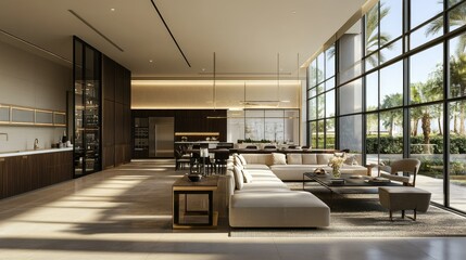 Elegant interior of a modern home with an open-plan living and dining area, featuring contemporary furniture, neutral colors, and floor-to-ceiling windows