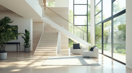Elegant interior of a modern residence with a stylish staircase, contemporary decor, and large windows, set up to attract buyers in the real estate market
