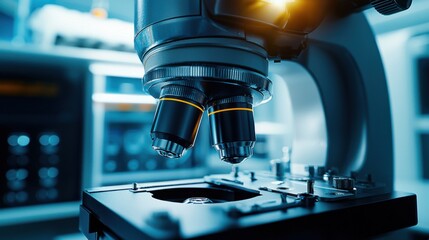 Close-up view of a modern microscope in a laboratory setting, showcasing advanced optics and detailed examination capabilities.