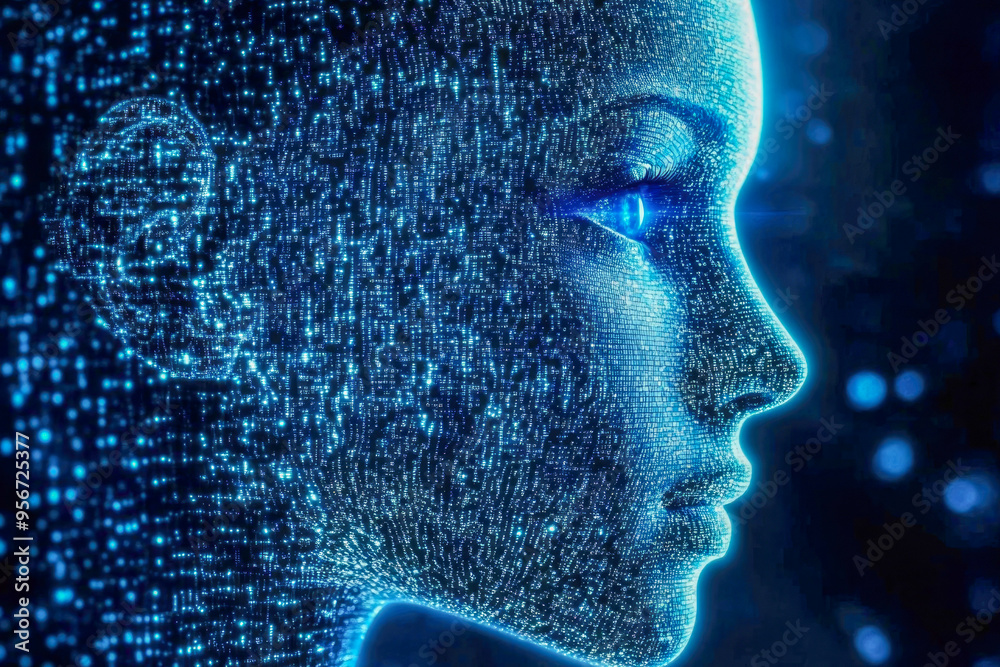 Poster abstract digital image featuring a blue glowing grid and data points forming a spherical shape, repr