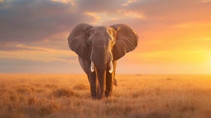 Obraz premium Majestic elephant standing in golden grassland at sunset, showcasing nature's beauty and wildlife tranquility.