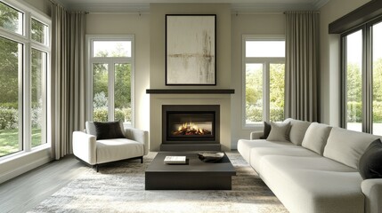 Obraz premium Elegant living room in a modern residence with a fireplace, sleek furniture, and a neutral color palette, perfectly staged for the real estate market