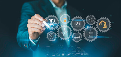 Robotic Process Automation (RPA) technology to automate business tasks with AI, Automated software on computer, Digital transformation, change management, business process optimisation innovation