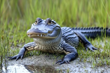 Alligator with Open Mouth and Sharp Teeth in Grassy Wetland