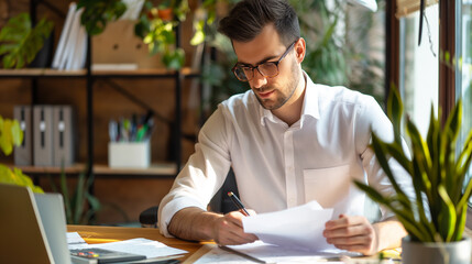 an accountant calculating business expenses in modern office, business financial data audit concept 