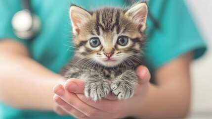 Naklejka premium Closeup of a Vet Tech Tenderly Feeding a Hospitalized Kitten with Nurturing and Compassionate Care in a Veterinary Clinic or Hospital Setting