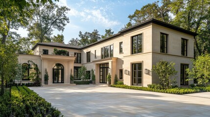 Obraz premium Elegant villa with cream-colored walls, black glass windows, and a spacious driveway, designed with a modern architectural style for luxury real estate photography