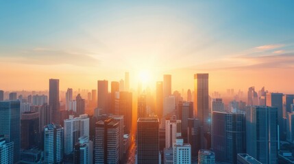 Fototapeta premium Stunning skyline view at sunrise, illuminating modern buildings with a warm glow, showcasing urban beauty and tranquility.