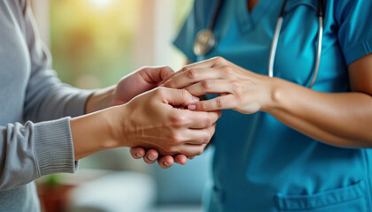 Doctor comforting patient by holding her hand