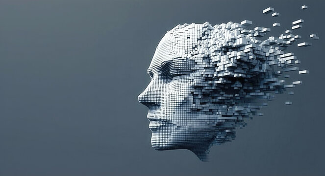 A three-dimensional artistic representation of a human face made from pixel-like cubes, gradually disintegrating into small pieces.