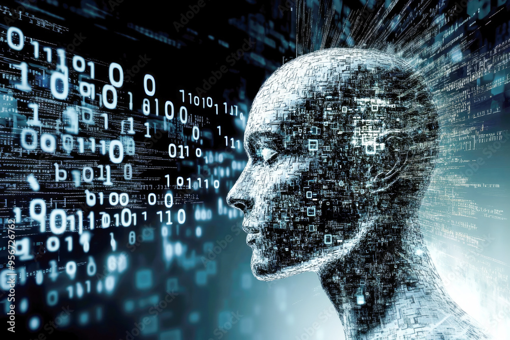 Poster an abstract digital human head surrounded by flowing binary code, representing advanced technology a