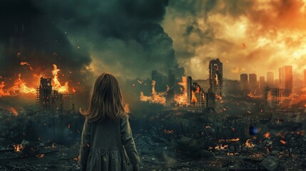 Obraz premium A little girl stares at a burning cityscape, symbolizing despair and the apocalypse ahead