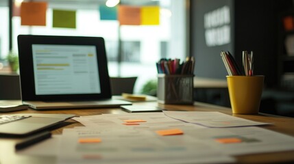 Business plan documents spread across a modern office table, showcasing company growth ideas, a laptop in the background, startup strategy