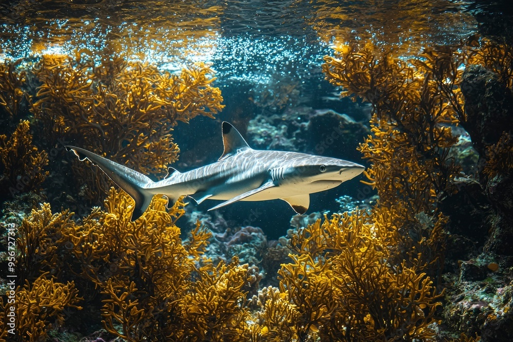 Poster A Blacktip Reef Shark Swimming Among Yellow Seaweed