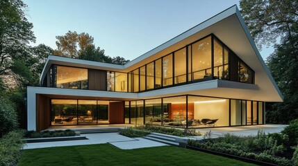 Exterior view of a modern home with a unique architectural design, featuring sharp angles, large glass walls, and a minimalist garden