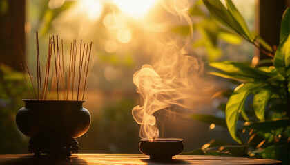 A cozy corner featuring a pot of burning incense sticks with aromatic smoke swirling gently in a sun
