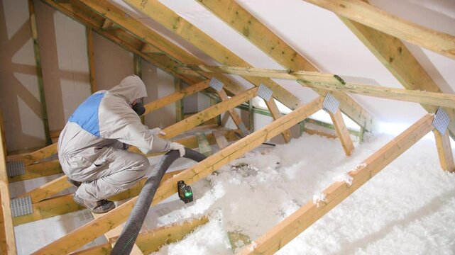 House attic insulation - construction worker installing cellulose on the roof