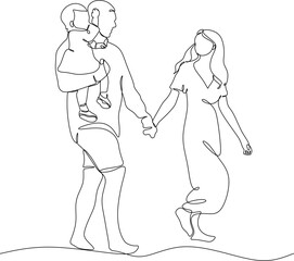 Happy family linear drawing. Walk of parents with children.