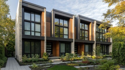 Fototapeta premium Exterior view of a modern townhouse with sleek architecture, large windows, and a landscaped front yard, showcasing contemporary urban living