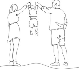 Happy family linear drawing. Walk of parents with children.