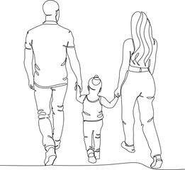 Happy family linear drawing. Walk of parents with children.