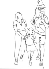 Happy family linear drawing. Walk of parents with children.