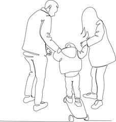 Happy family linear drawing. Walk of parents with children.