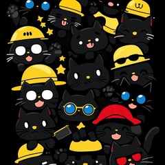 A lot of black cats wearing yellow construction hats, blue glasses, and red caps on their heads, in a cute cartoon style, with a colorful design and simple background.