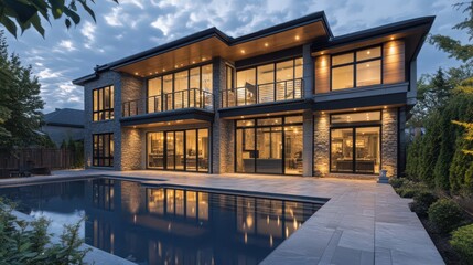 A luxurious 2-storey house featuring a modern exterior with stone cladding, expansive windows