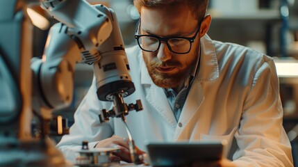 Industrial Robotics Professional Interacting with Robotic Arm During a Research Phase in a High Tech Startup