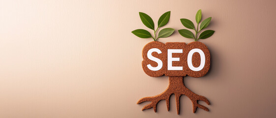 Creative SEO concept with green plant and roots symbolizing growth and organic search optimization on a gradient background.