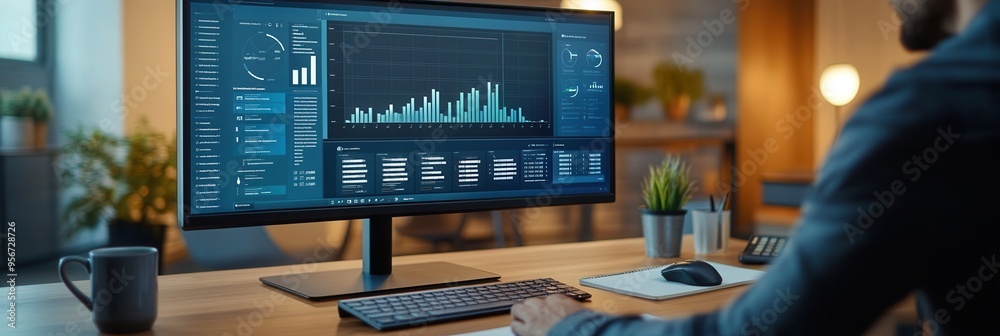 Poster an expert is focused on analyzing data displayed on a large monitor, with a tidy desk featuring a ke