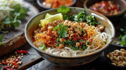 Rice noodles with spicy pork sauce. northern Thailand traditional Lanna food.