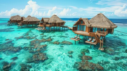 A luxurious tropical resort with overwater bungalows, surrounded by azure waters and lush tropical vegetation,