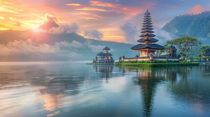 Obraz premium Landscape view of Pura Ulun Danu Beratan the Floating Temple in Bali , Indonesia in morning.