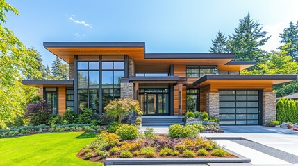 Front view of a modern home with a combination of wood, metal, and glass, featuring large windows and a well-manicured front yard under a clear sky