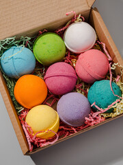 colored bath bombs, macrophotography of shower cosmetics