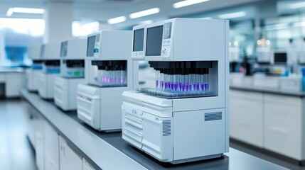 Chromatography equipment and machines in use at a professional laboratory setting with a deep depth of field to showcase the scientific apparatus and analytical techniques